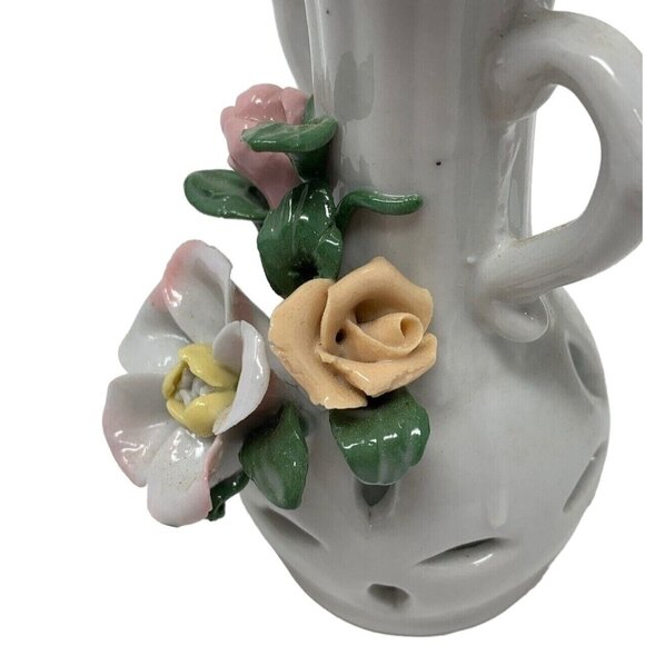 Mini Porcelain Bud Vase White Applied Flowers Floral 5 Inch Reticulated - Picture 2 of 9